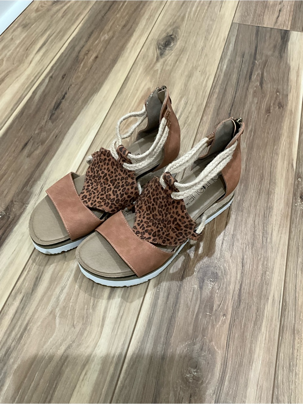 Boutique by Corkey Leopard Accent Tan Espadrille Wedge Sandals with Rope